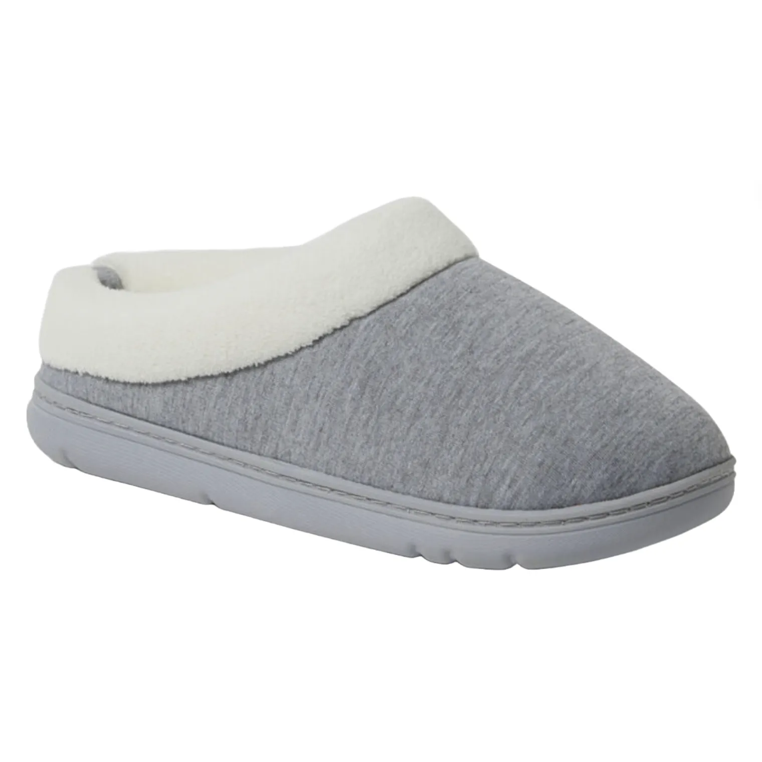 Gray clog slippers with a white, fluffy interior and a rubber sole.
