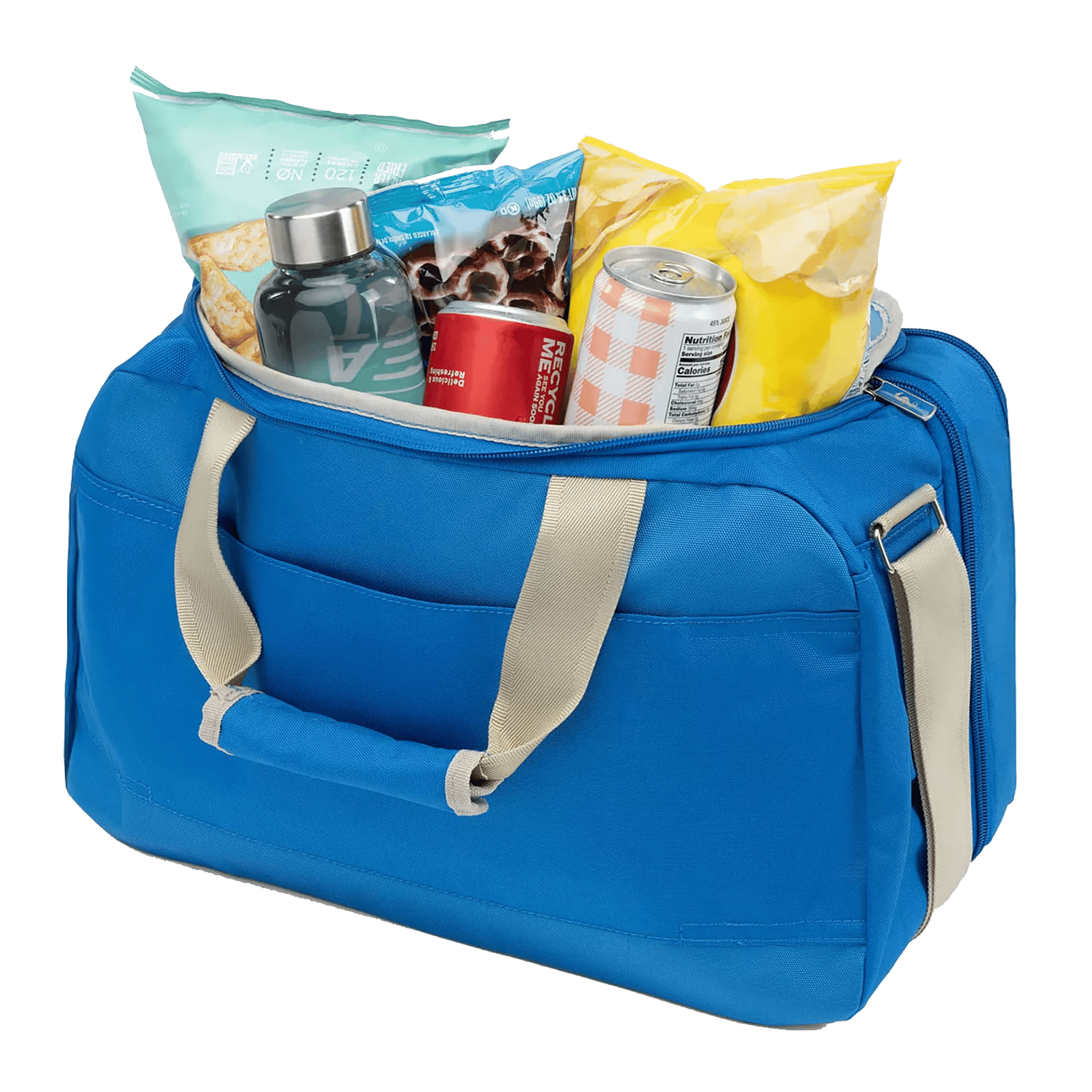 A blue duffel bag is filled with snacks, including bags of chips, a metal water bottle, and canned drinks.