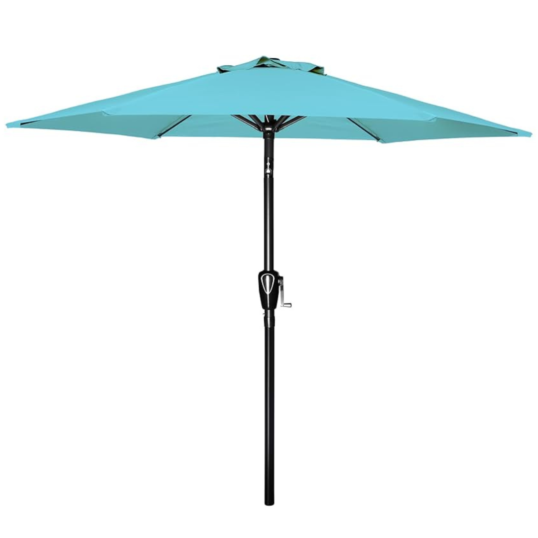 A large outdoor patio umbrella with a turquoise canopy and a black pole, featuring a crank system for easy opening and closing.