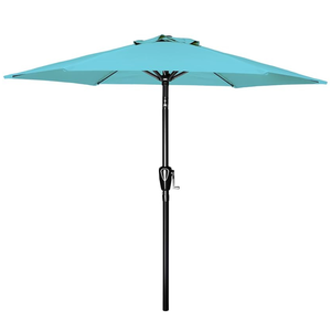 A large outdoor patio umbrella with a turquoise canopy and a black pole, featuring a crank system for easy opening and closing.