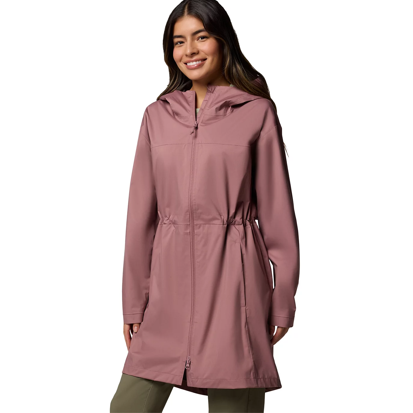 Columbia long waterproof jacket in mauve features a hood, front zipper, and adjustable waist, providing both style and functionality for wet weather.