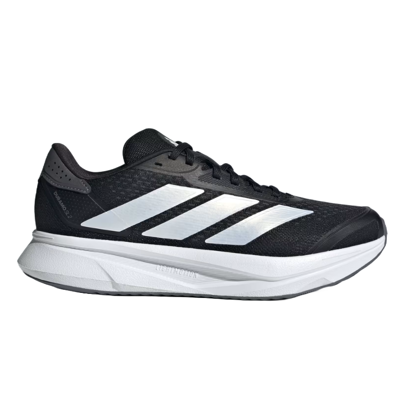 Black running shoe with white stripes and a cushioned white sole, featuring the Adidas Lightmotion logo.