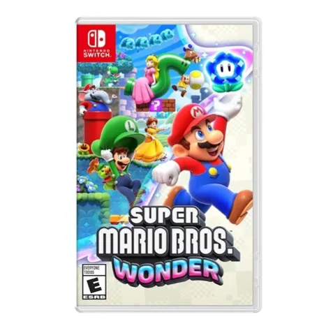 Cover of \“Super Mario Bros. Wonder\“ game for Nintendo Switch, featuring Mario, Luigi, Princess Peach, and other characters in a colorful, dynamic design. Rated E for Everyone.