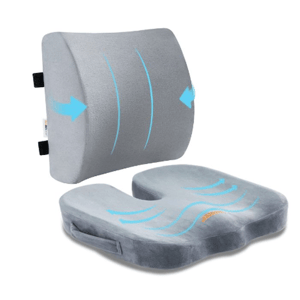 A gray lumbar support pillow and a U-shaped seat cushion are shown, designed for ergonomic comfort with contouring to fit the body.