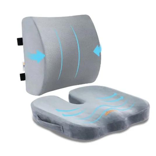 A gray lumbar support pillow and a U-shaped seat cushion are shown, designed for ergonomic comfort with contouring to fit the body.