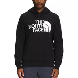 Black hoodie with \“THE NORTH FACE\“ logo in white, featuring a drawstring hood and front kangaroo pocket.
