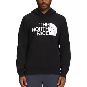 Black hoodie with \“THE NORTH FACE\“ logo in white, featuring a drawstring hood and front kangaroo pocket.