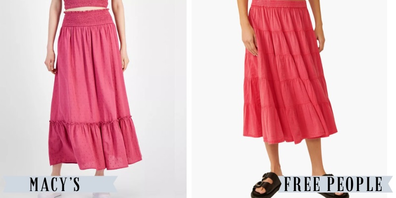 A pink tiered midi skirt from Macy's besides a similar pink tiered midi skirt from Free People.