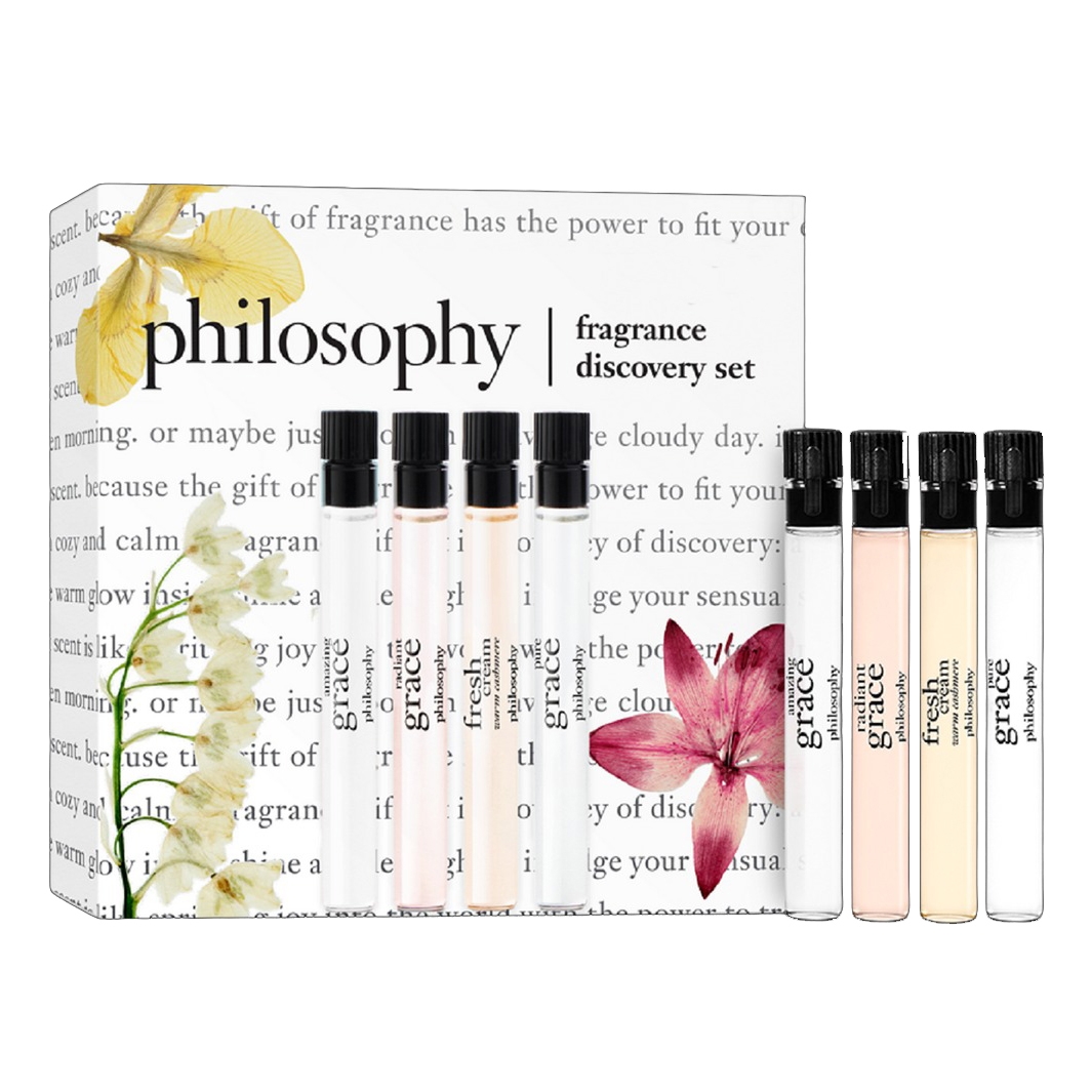 Philosophy fragrance discovery set featuring five sample-sized scents, each in a slim, transparent vial with black caps and labeled \“Grace.\“ The set is attractively packaged with floral graphics.