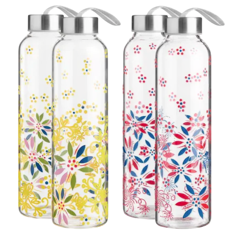 Four clear water bottles with metal caps, featuring floral designs in yellow and pink-blue patterns.