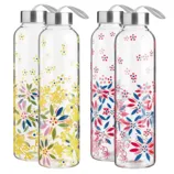 Four clear water bottles with metal caps, featuring floral designs in yellow and pink-blue patterns.