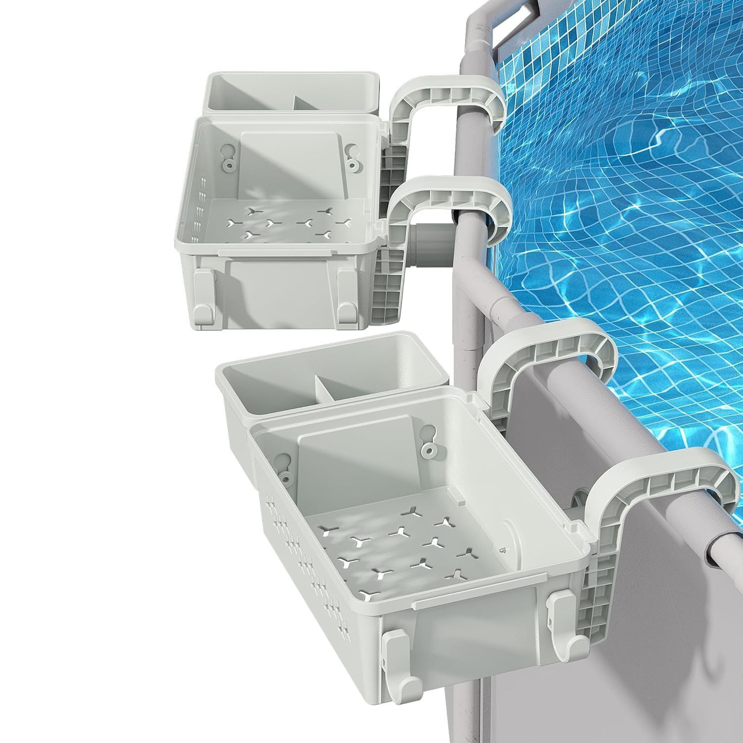 Hanging poolside storage baskets with dual compartments and drainage holes attach to the side of a pool for convenient access to items while swimming.
