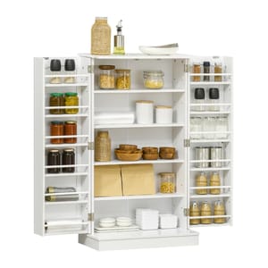 A white kitchen pantry cabinet with various shelves and doors displays spices, food jars, canned goods, and kitchenware like bowls and plates. Containers and bottles are neatly organized for storage.