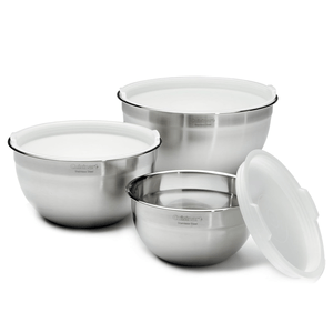 Set of three stainless steel mixing bowls with tight-fitting white lids. Ideal for mixing, storing, and serving. Sizes vary, providing versatility for different kitchen tasks.