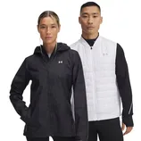 A man wearing a white Under Armour vest over a black long-sleeve shirt and a woman in a black Under Armour jacket with a hood.