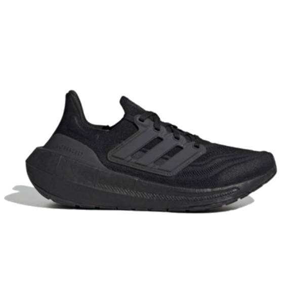A black athletic shoe with a distinctive three-stripe design on the side, featuring a cushioned sole for comfort.