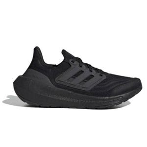 A black athletic shoe with a distinctive three-stripe design on the side, featuring a cushioned sole for comfort.