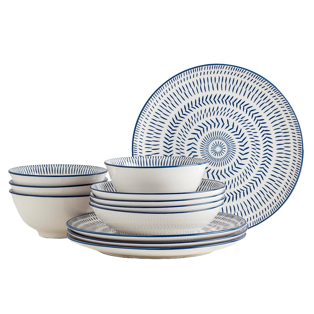 Set of blue and white dinnerware with a circular pattern, including plates and bowls, featuring a textured design of stripes and arrows.