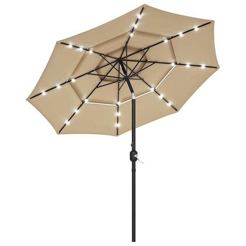 A beige patio umbrella with LED lights along the ribs and a black pole with a hand crank for opening and closing.