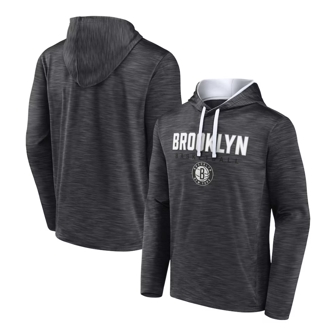 Dark gray hoodie with \“BROOKLYN BASKETBALL\“ text and a circular emblem on the front. Features white drawstrings and is shown from both front and back views.