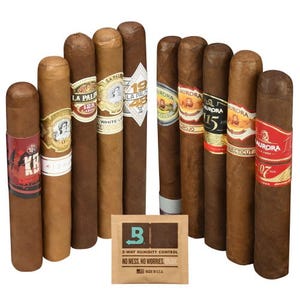 A selection of cigars from various brands arranged in a group, accompanied by a 2-way humidity control packet to maintain freshness.
