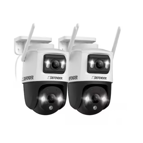 Two white and black security cameras with antennas, branded \“Defender,\“ featuring a design for outdoor use.