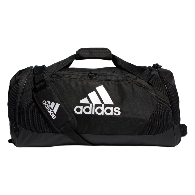 Black Adidas duffel bag with adjustable shoulder strap, top handles, and white logo. Features mesh side pockets and a main zip compartment; designed for sports and travel.
