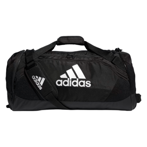 Black Adidas duffel bag with adjustable shoulder strap, top handles, and white logo. Features mesh side pockets and a main zip compartment; designed for sports and travel.