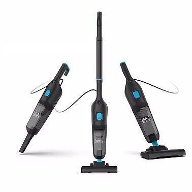 A compact, corded stick vacuum cleaner with a detachable handheld feature, displaying versatility for different cleaning needs.
