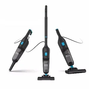 A compact, corded stick vacuum cleaner with a detachable handheld feature, displaying versatility for different cleaning needs.