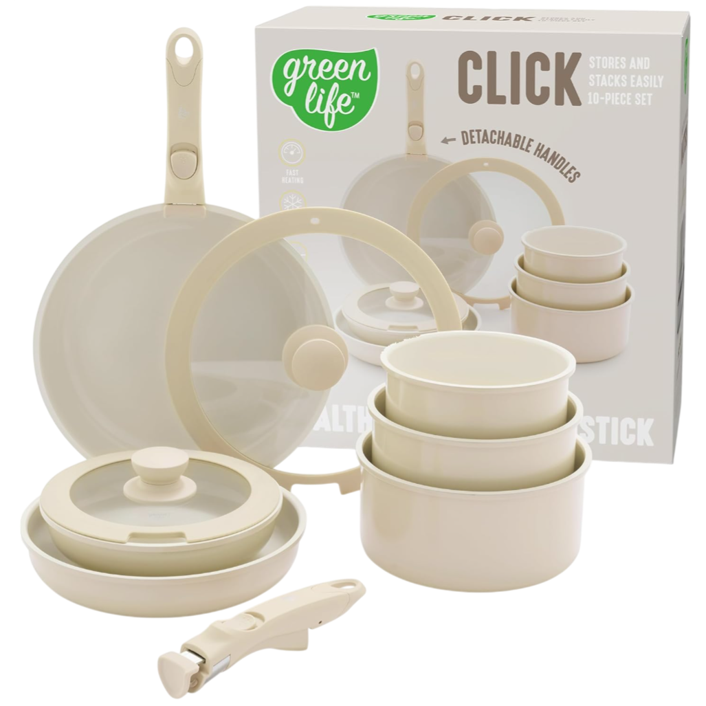 GreenLife Click cookware set with detachable handles, featuring non-stick pans, pots, and lids in a beige color, designed for easy storage and stacking.