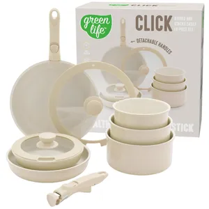 GreenLife Click cookware set with detachable handles, featuring non-stick pans, pots, and lids in a beige color, designed for easy storage and stacking.