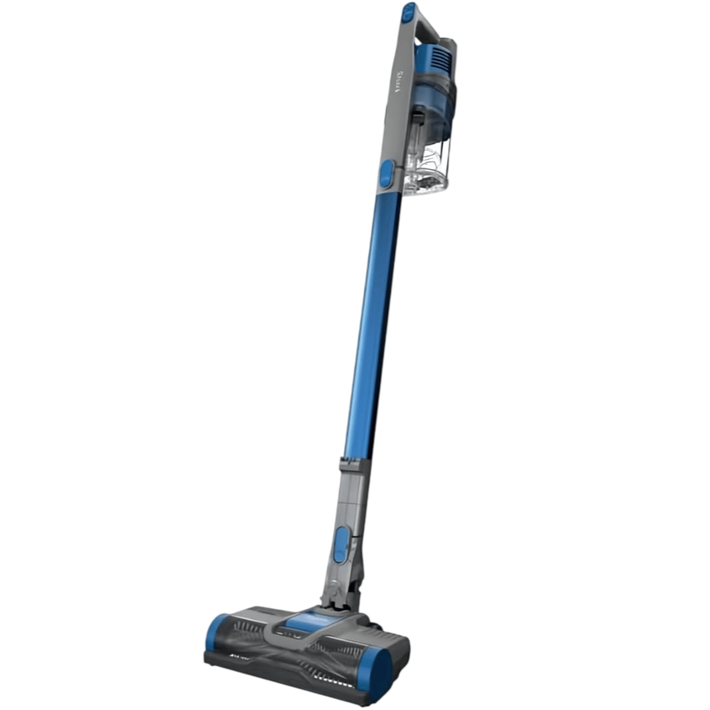 A blue and gray cordless stick vacuum cleaner with a transparent dustbin and brush head attachment.