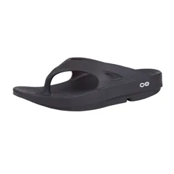 A black ergonomic thong sandal with a thick sole and textured footbed, featuring a minimalist design with a small white logo on the side.