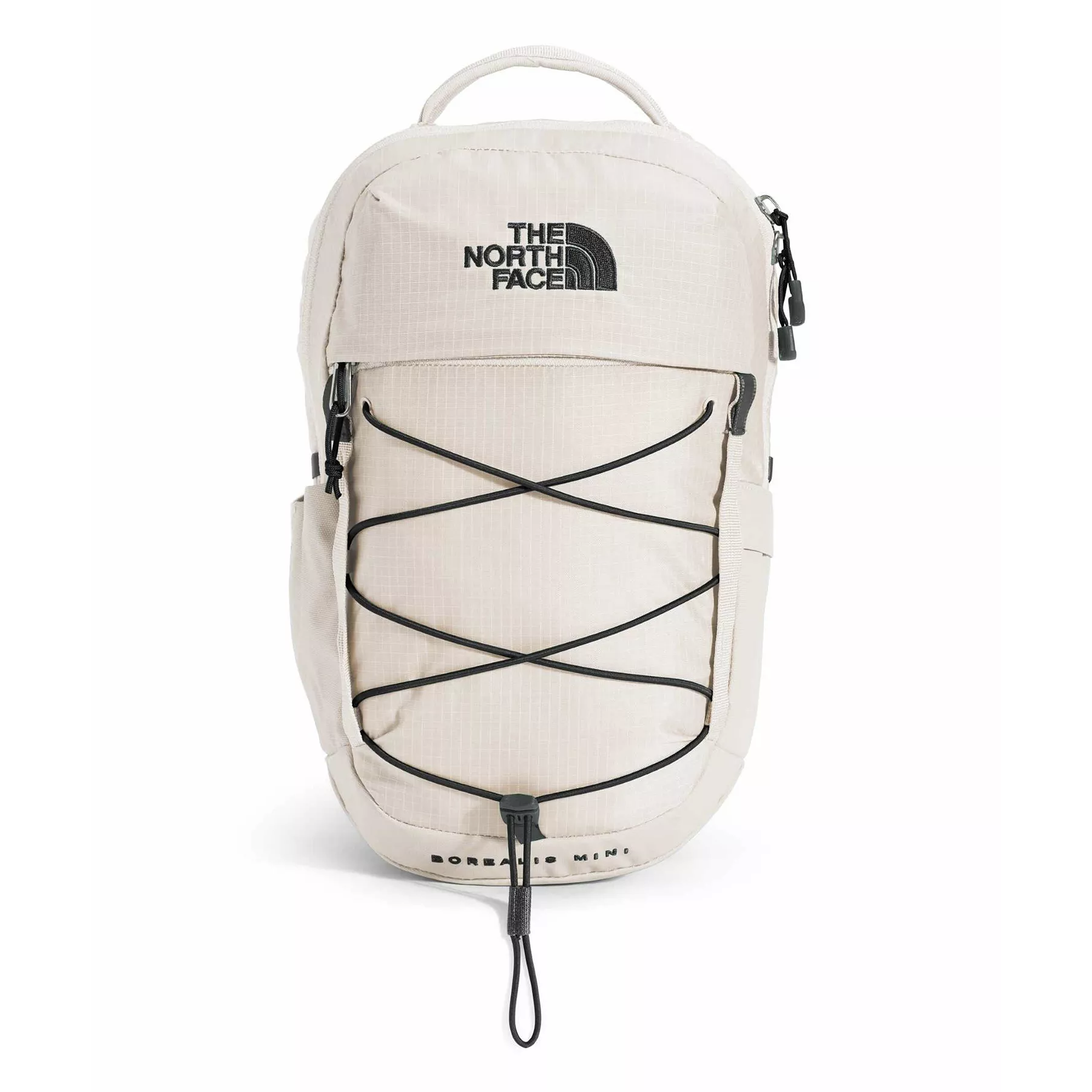 The North Face Borealis Mini backpack in white, featuring a logo, front bungee cord system, and zippered compartments.