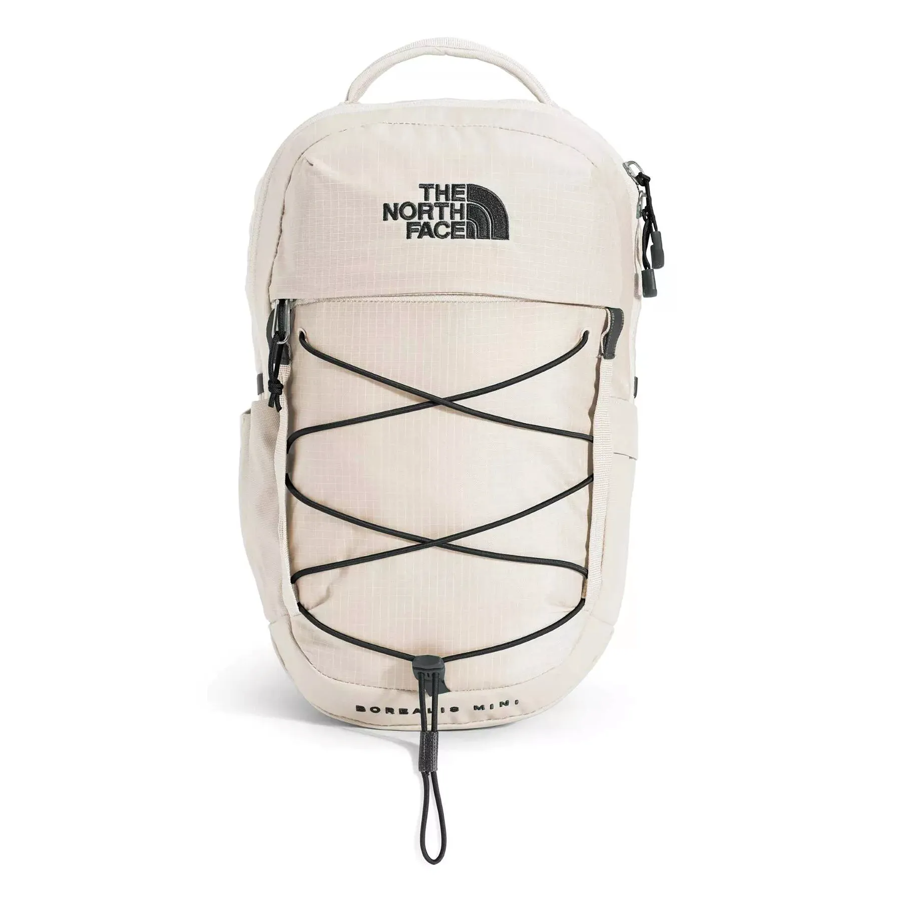 The North Face Borealis Mini backpack in white, featuring a logo, front bungee cord system, and zippered compartments.