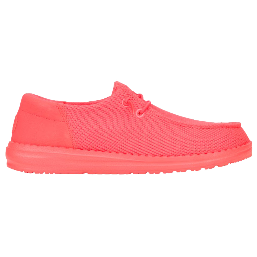 A coral-colored casual shoe with a mesh upper, featuring a low-cut design and lace-up closure.