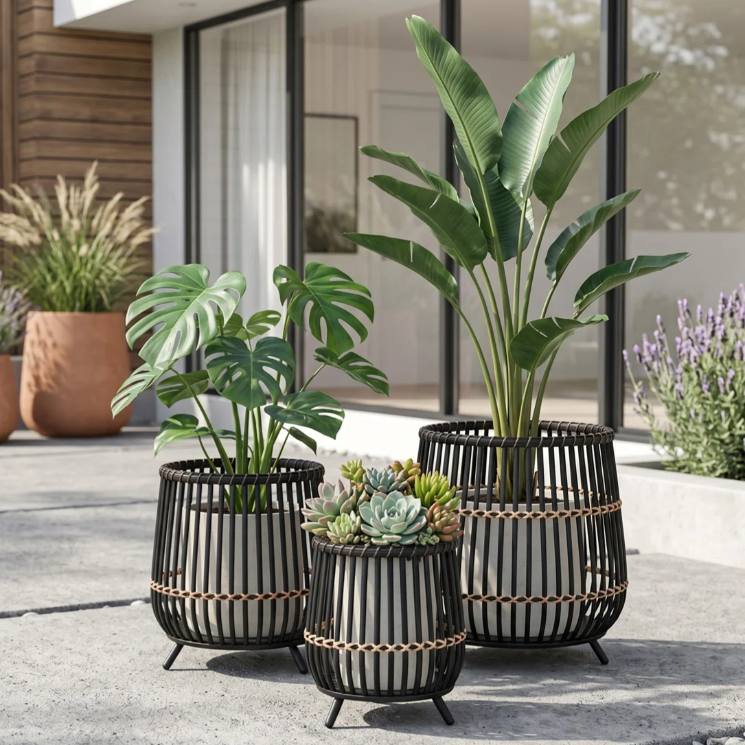 Three black metal planters with woven accents hold decorative plants, including a monstera, bird of paradise, and succulents, on a patio near a modern glass building.
