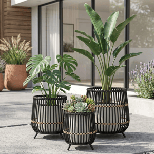 Three black metal planters with woven accents hold decorative plants, including a monstera, bird of paradise, and succulents, on a patio near a modern glass building.