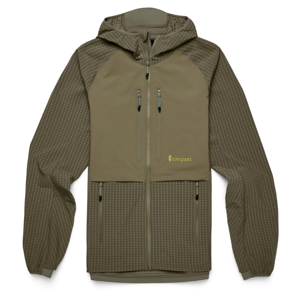 A hooded jacket with a grid pattern and solid color panels, featuring two vertical chest zippers and two side zippers. The brand \“Cotopaxi\“ is printed on the chest.