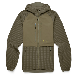 A hooded jacket with a grid pattern and solid color panels, featuring two vertical chest zippers and two side zippers. The brand \“Cotopaxi\“ is printed on the chest.