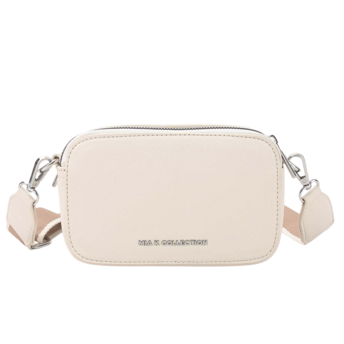 A small beige crossbody bag with silver hardware and a detachable strap, featuring the text \“MIA K COLLECTION\“ on the front.