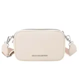 A small beige crossbody bag with silver hardware and a detachable strap, featuring the text \“MIA K COLLECTION\“ on the front.