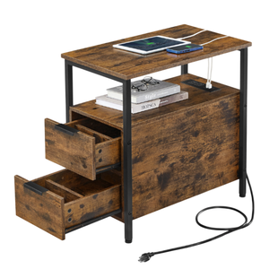 Wooden nightstand with two open drawers and a black metal frame, featuring a built-in charging station on top for devices.