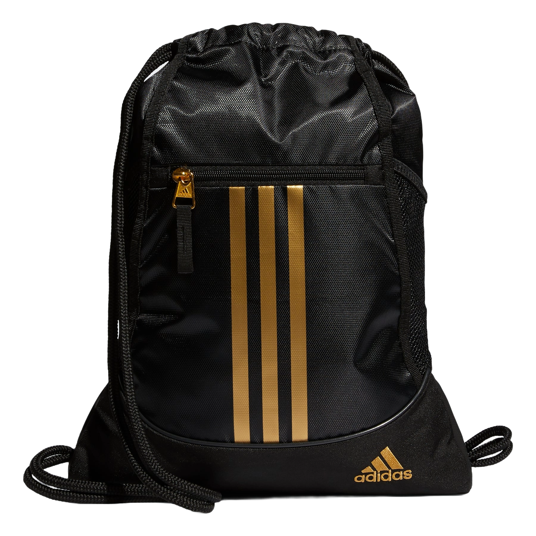 The Adidas Alliance 2 Sackpack is a black drawstring bag featuring gold accents, including three vertical stripes and the Adidas logo. It has a front zippered pocket with a gold zipper pull.