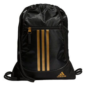 The Adidas Alliance 2 Sackpack is a black drawstring bag featuring gold accents, including three vertical stripes and the Adidas logo. It has a front zippered pocket with a gold zipper pull.