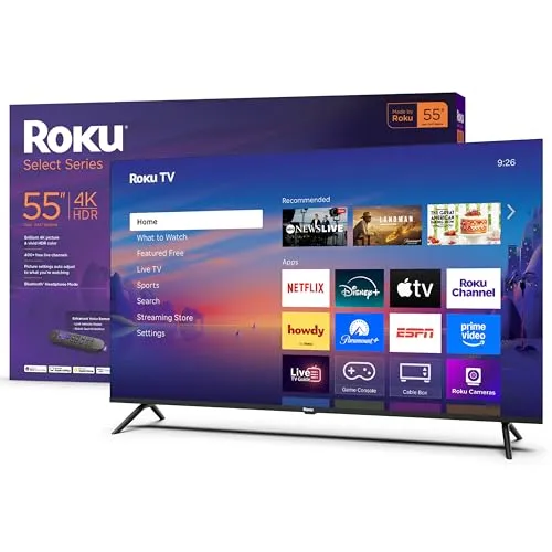 Roku Select Series 55\“ 4K HDR TV, displaying a home screen with various streaming apps, including Netflix, Disney+, and Amazon Prime Video. Box shown in the background.