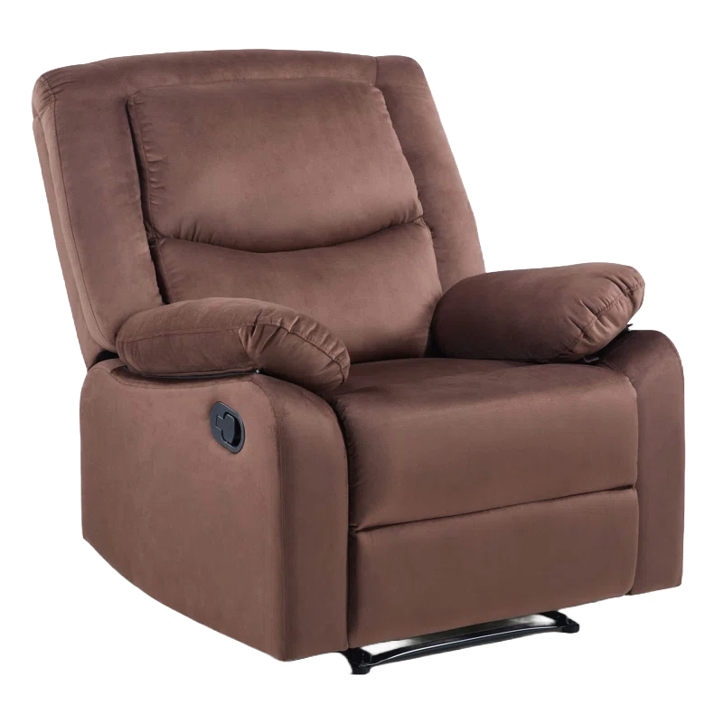 This is a plush, overstuffed recliner upholstered in brown fabric, featuring padded armrests and an external manual recline lever on the right-hand side.