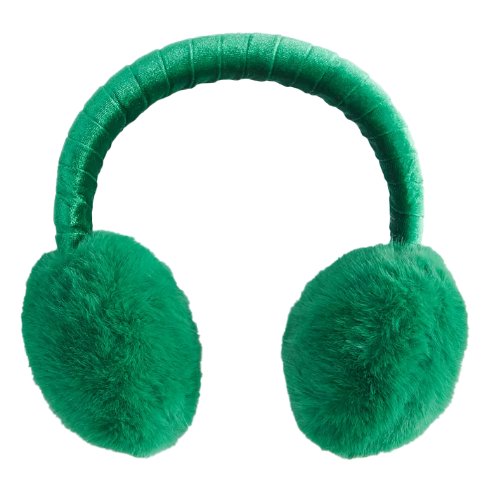 Green plush earmuffs designed to cover and warm the ears, with a soft band connecting the two ear coverings.