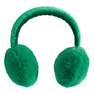 Green plush earmuffs designed to cover and warm the ears, with a soft band connecting the two ear coverings.